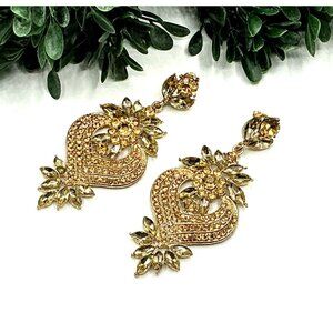 Gold-Tone Chandlier Rhinestone Floral Dangle Earrings